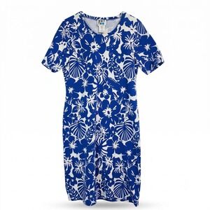 Whit Two Anthropologie T-Shirt Dress XL Blue White Tropical Hibiscus Floral Knit